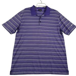 Nike Golf Polo Shirt Mens L Purple White Striped Swoosh Dri-Fit Short Sleeve